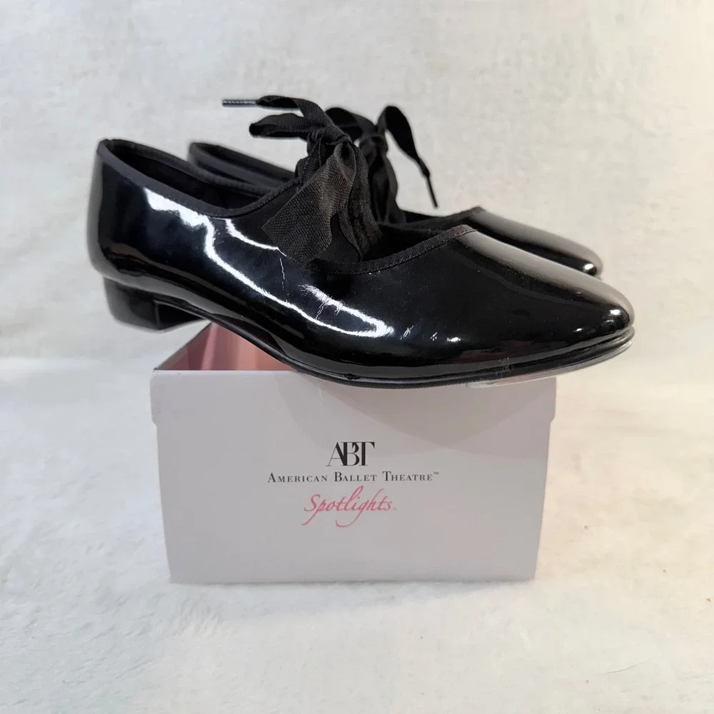 ABT American Ballet Theatre Spotlights Black Patent Tap Shoes Kids Size 2 67043‎